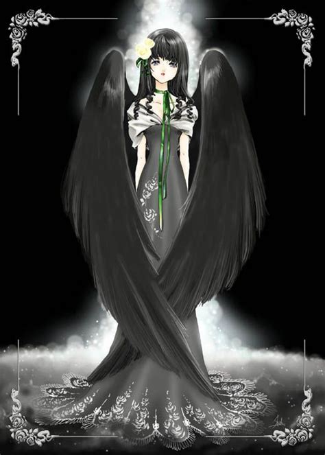 Black Angel With Black Hair Violet Eyes Gothic Feather Wings Gray