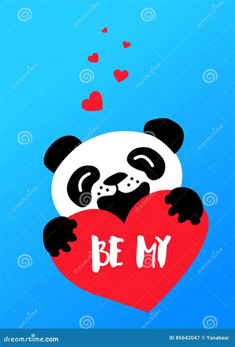 Leuke Panda En Rood Hart Op Blauwe Achtergrond De Gelukkige Kaart Van