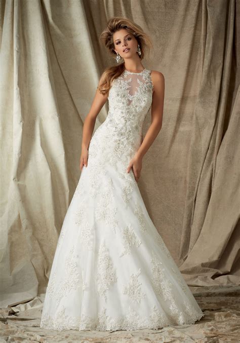Short white reception dress for bride. Lace Appliques on Tulle Wedding Dress | Style 1323 | Morilee