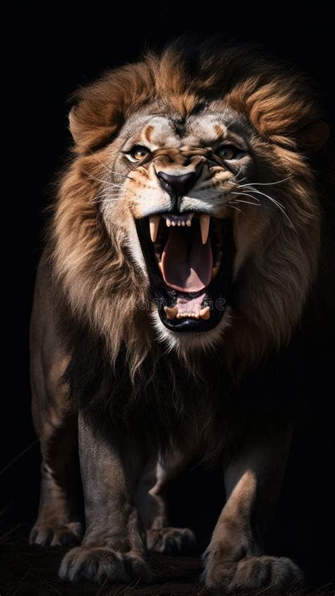 Angry Lion Roaring On Black Background Image Generative Ai Stock