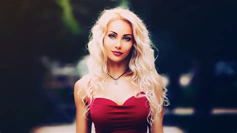 wallpaper blonde red dress tight dress portrait necklace women outdoors wavy hair model
