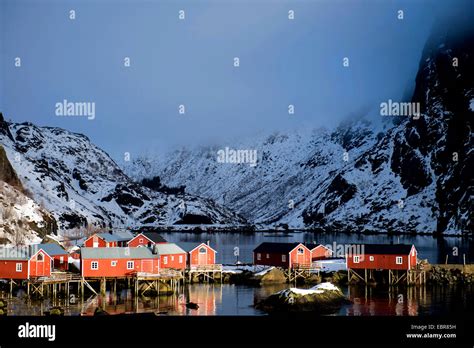 View To Snowy Coastal Town Reine Norway Lofoten Islands Stock Photo