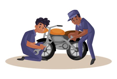 Best Premium Indian Mechanics Repairing Motorcycle Illustration