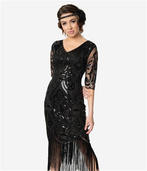 Unique Vintage 1920s Black Beaded Lynette Fringe Flapper Dress Fringe