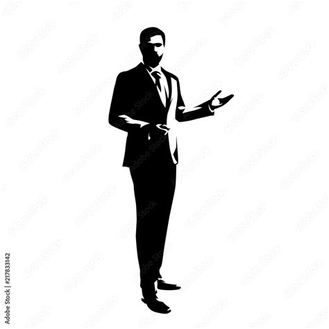 Businessman Standing And Presenting Ideas Isolated Vector Silhouette