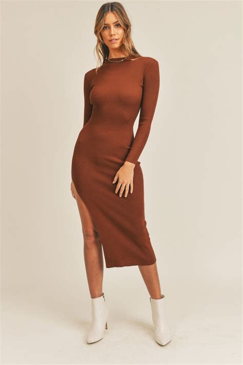 empowered brown long sleeve midi sweater dress with high side slit