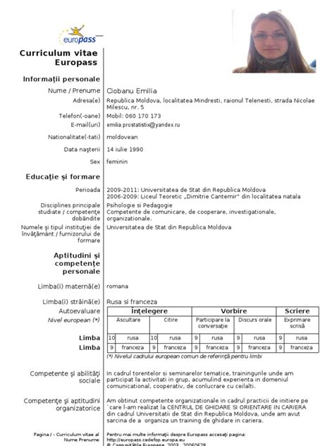 Noul model cv europass, in romana si engleza. Model Cv Curriculum Vitae European Romana (2)