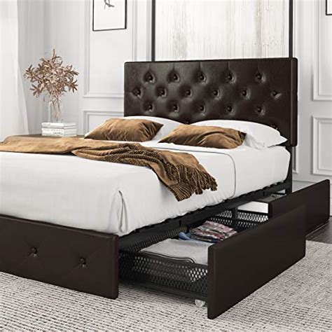 amolife queen size platform bed frame with 4 storage drawers and wood slat support faux leather