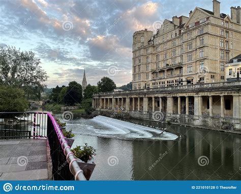 Bath Spa Empire Hotel And River Avon Weir In Evening Light Editorial