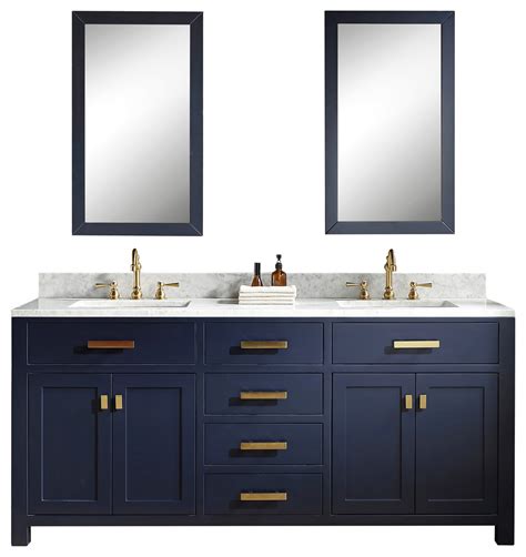 A double sink bathroom vanity can look less bulky and more delicate and simplistic if you choose vessels instead of undermount sinks. 72" Monarch Blue Double Sink Bathroom Vanity ...