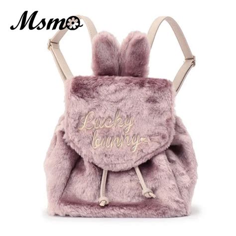 Msmo Wego Cute Bunny Ears Backpack Rabbit Fur Double Shoulder Bag Mochila School Bags For