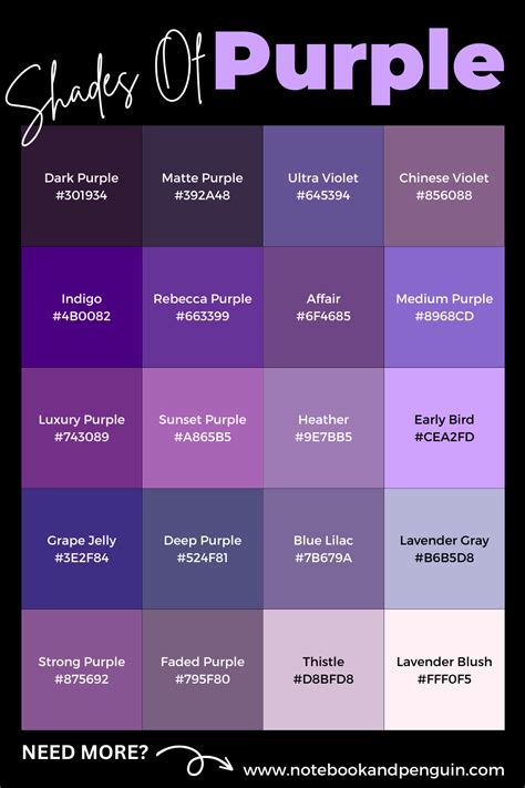 Purple Color Chart Featuring Beautiful Shades Of Purple With Color