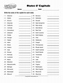 States And Capitals List Printable