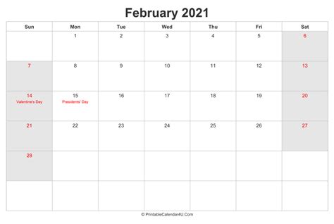 Free download monthly 2021 calendar templates. February 2021 Calendar with US Holidays highlighted ...