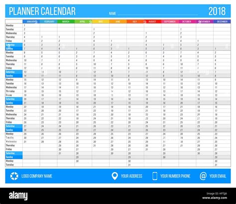 English Calendar Planner For Year 2018 12 Months Corporate Design