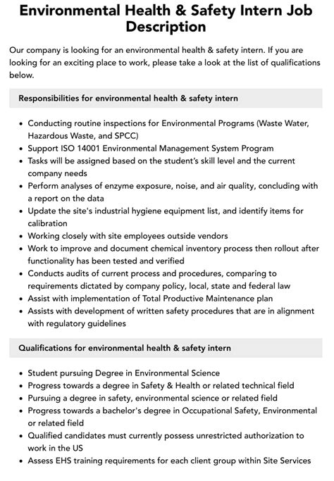 Environmental Health And Safety Intern Job Description Velvet Jobs