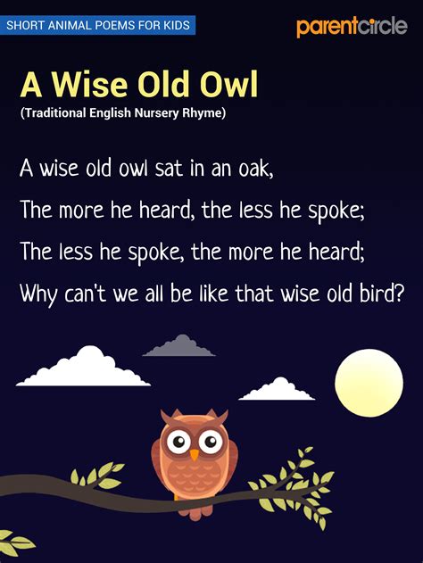 A Wise Old Owl Poem For Kids Animal Poems Kids Poems Poetry For Kids