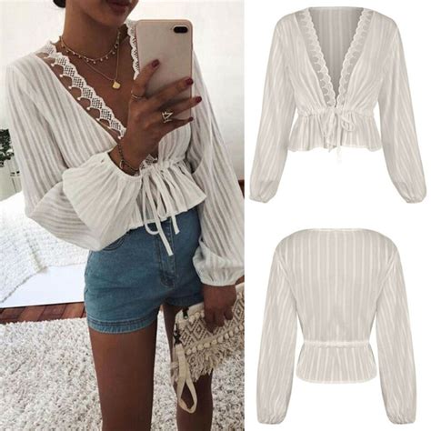 Women Long Sleeve Loose Lace Chiffon Blouse V Neck Casual Lady Office Tunic Tops Plus Size