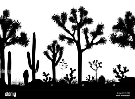 Desert Seamless Pattern With Silhouettes Of Joshua Trees Opuntia And