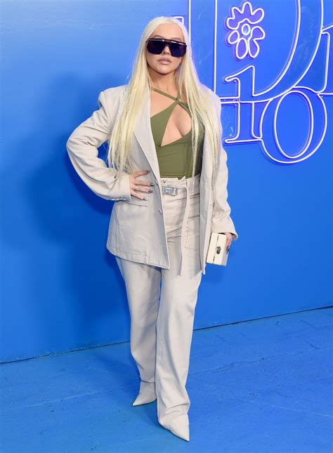 Christina Aguilera Hair Khaki Suit Daily Front Row Silver Gown