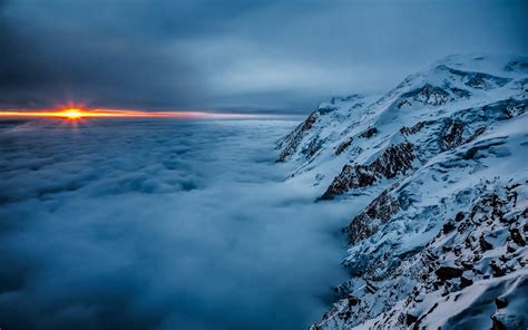 Nature Landscape Sunset Clouds Mountain Mist Snow