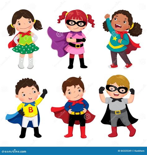 Boys And Girls In Superhero Costumes On White Background Stock Vector