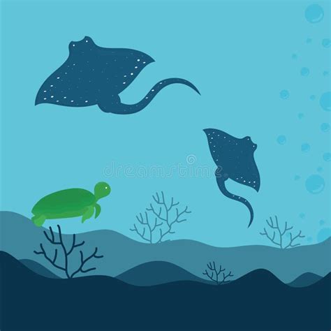 Arraias E Uma Tartaruga No Oceano Ilustração Do Vetor Ilustração De