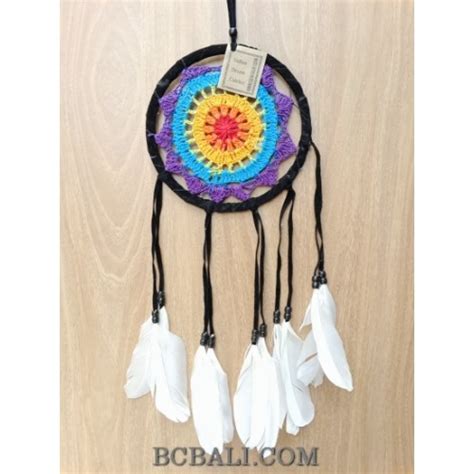 Bali Handmade Crochet Dream Catcher Colorful Long Leather Feather
