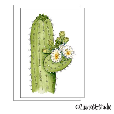 Saguaro Cactus Flowers Buds Blank Card Zinnia Sky Studio