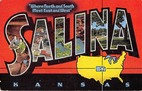 Salina Kansas Greetings From With Map Large Letter Linen Antique Pc