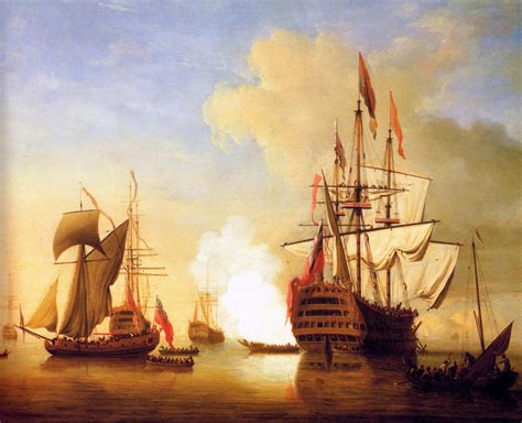 An English Ship With Sails Loosened Firing A Gun By Peter Monamy