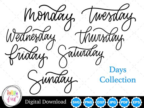 Cursive Script Days Of The Week Silhouettes Clip Art Days Svg Days Png