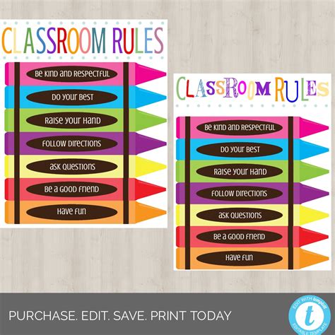 2 editable classroom rules templates class decor poster back to school tb2 crayon colors rainbow