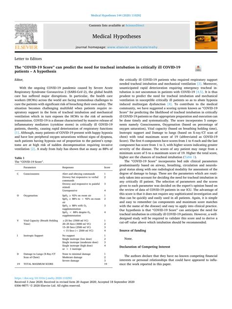 Pdf The Covid 19 Score Can Predict The Need For Tracheal Intubation