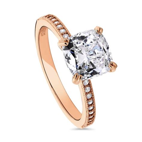 Rose Gold Plated Sterling Silver Cushion Cz Solitaire Ring 311 Ctw In