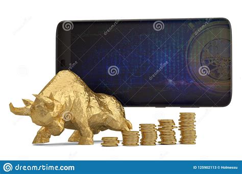 Smart Phone With Bull And Gold Coin Stacks On White