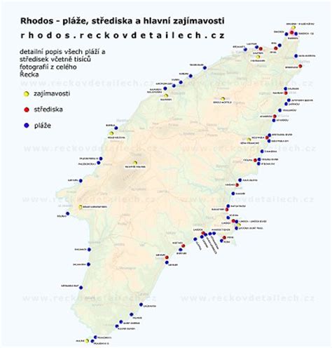 Rhodos mapa středisek a pláží Řecko v detailech