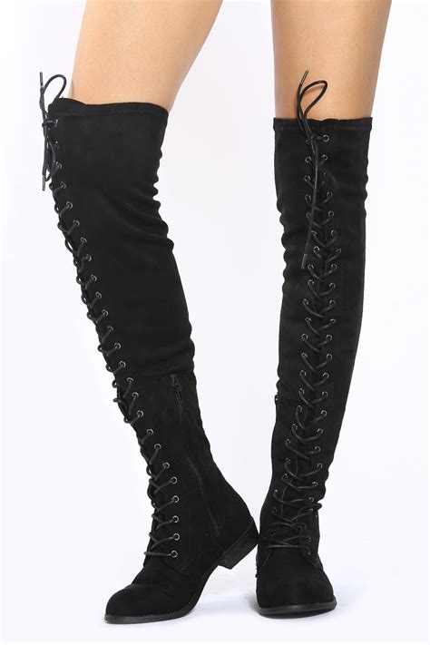 Black Faux Suede Lace Up Thigh High Boots Cicihot Boots Catalogwomens Winter Bootsleather