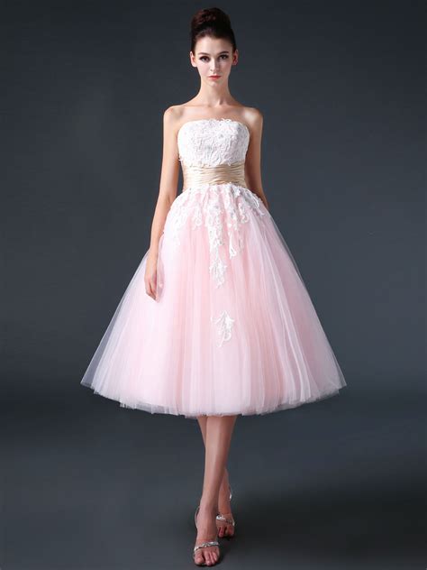 Retro 50s Strapless Pink Tea Length Prom Dress Evening Dress Cc3006