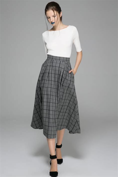 Gray Plaid Skirt Wool Skirt Midi Skirt Winter Skirt Womens Etsy