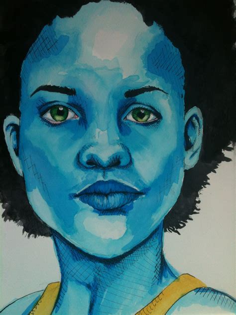 Girl Watercolor Afro African American Yellow Dress Green Eyes Intense