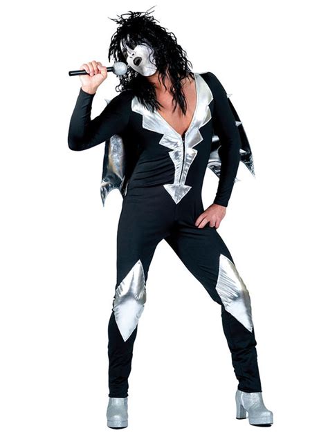 Costume Mens 1970s Glam Rock Star Jumpsuit Black Silver Kiss 60s Fancy