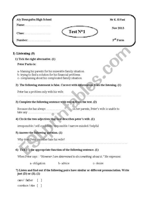 Mid Term Test N°1 3rd Form Esl Worksheet By Tatooo