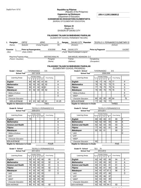 Deped Form 137 E Philippines Southeast Asia