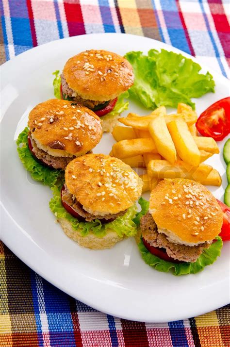 Burgers With French Fries In Plate Stock Image Colourbox