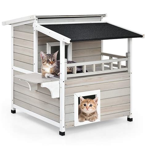 Buy Tangkula Outdoor Cat House Wooden 2 Story Outside Cat Shelter