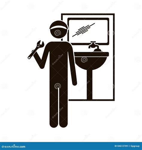 Black Silhouette Plumber With Spanner In Bathroom Stock Vector