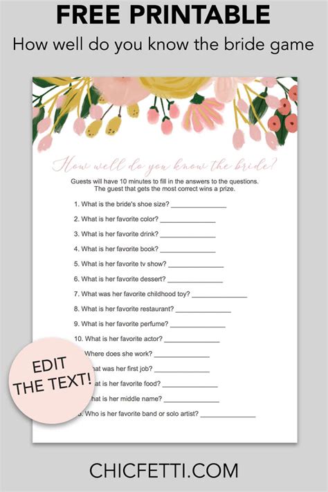 Printable Bridal Shower How Well Do You Know The Bride Game Bride To Be