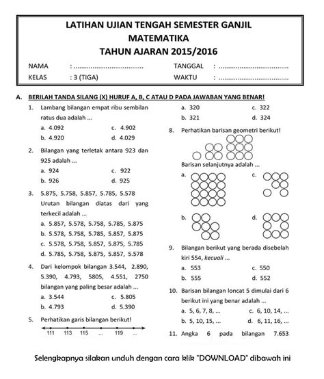 Dari tiap bukunya seharganya rp. Download Soal UTS Ganjil Matematika Kelas 3 Semester 1 ...