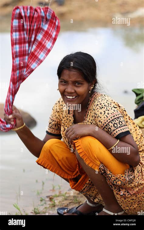 Rural Indian Woman Doing Heir Laundry Andhra Pradesh South India Stock